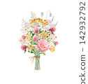 Hand drawn watercolor bouquet of pink poppy, clover, buttercups, tansy, chamomile and yarrow tied with twine. Pastel meadow wildflower composition isolated for wedding, stationery and floral design 142932792