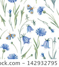 Watercolor floral seamless pattern with bluebells, cornflowers and butterflies. Hand drawn design with blue meadow wildflowers and moths for textile, wallpaper, wrapping paper, stationery, packaging. 142932795