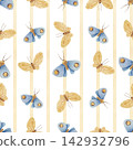 Watercolor seamless striped pattern with blue and yellow moths. Hand drawn repeatable design with butterflies and pastel vertical stripes for textile, wallpaper, wrapping paper, stationery, packaging. 142932796