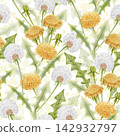 Watercolor seamless pattern with yellow dandelion flowers, white fluffy seed heads and green leaves. Hand drawn pastel botanical illustration of wildflowers for textile, wallpaper, wrapping, packaging 142932797