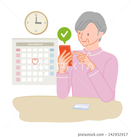 An illustration of a senior woman making an online dental appointment using her smartphone. 142932917