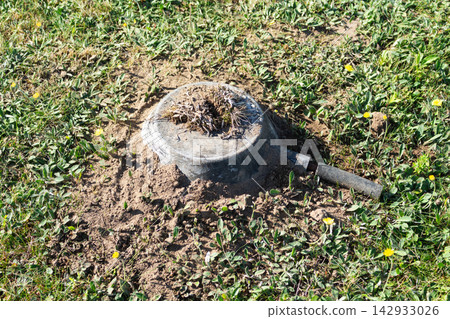 Old metal frying pan placed upside down over a mole trap hole on a green lawn 142933026