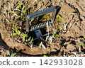 Steel scissor mole trap placed in a lawn hole for underground rodent pest control 142933028