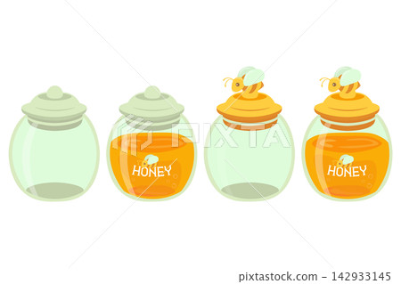 Illustration set of glass honey jars (empty, filled with honey, with bee-shaped handles) Illustration set of glass honey jars (empty, filled with honey, with bee-shaped handles) 142933145