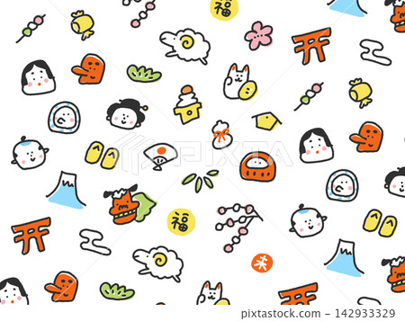 可愛的日式背景插圖，描繪了新年和羊年（2027年）的景象。 142933329
