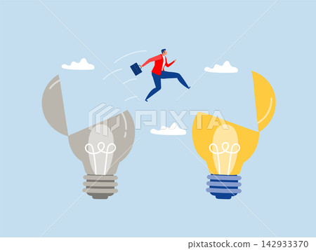 Businessman jumps from a dark light bulb to a brighter light bulb.Business change improvement and adaptation to new normal concept vector Businessman jumps from a dark light bulb to a brighter light bulb.Business change improvement and adaptation to new normal concept vector 142933370