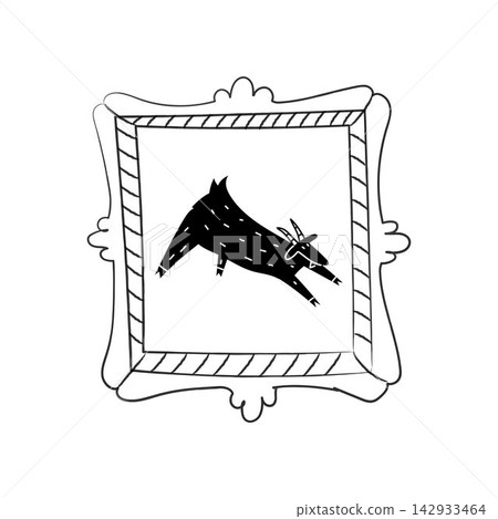 A cute vintage picture frame with a black goat drawing. Cute doodle illustration of a farm animal stretching A cute vintage picture frame with a black goat drawing. Cute doodle illustration of a farm animal stretching 142933464
