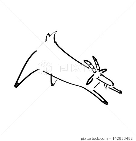 A cute black ink sketch of a goat stretching. Doodle farm animal doing yoga. A cute black ink sketch of a goat stretching. Doodle farm animal doing yoga. 142933492