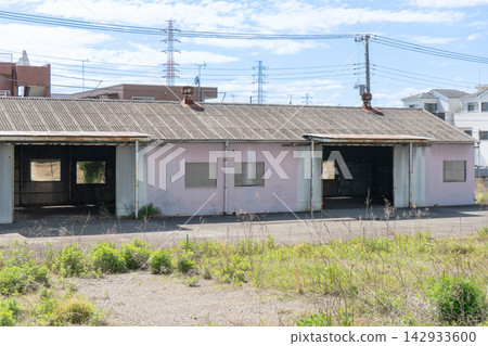 破舊的單層倉庫/廠房建築和雜草叢生的空地 1 破舊的單層倉庫/廠房建築和雜草叢生的空地 1 142933600