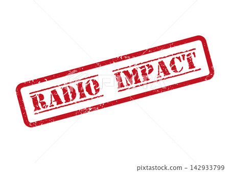 A distressed red rubber stamp featuring the words Radio Impact is visible on a flat white surface A distressed red rubber stamp featuring the words Radio Impact is visible on a flat white surface 142933799