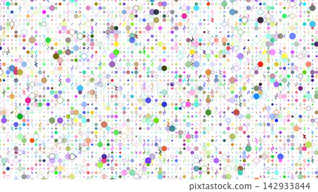 A dynamic multicolored abstract pattern filled with small dots, circles, and tiny lightning bolt symbols creating an energetic mosaic A dynamic multicolored abstract pattern filled with small dots, circles, and tiny lightning bolt symbols creating an energetic mosaic 142933844