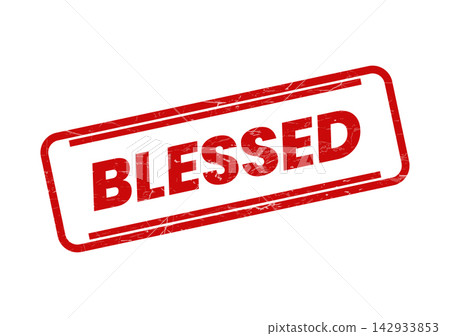 A dynamically angled red rectangular rubber stamp impression prominently featuring the word BLESSED in bold white lettering A dynamically angled red rectangular rubber stamp impression prominently featuring the word BLESSED in bold white lettering 142933853