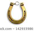 Keychain in the form of a metal horseshoe on a white background. Symbol of lucky. Talisman of success. 142933986