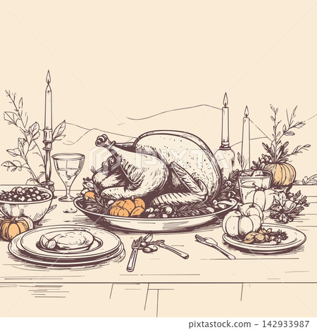 Traditional thanksgiving dinner table drawing with roasted turkey 142933987