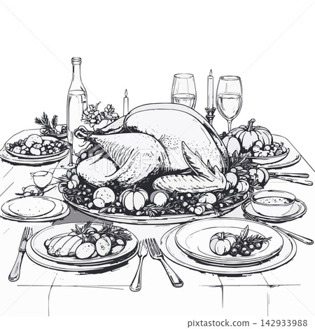 Traditional thanksgiving dinner table setting with roasted turkey Traditional thanksgiving dinner table setting with roasted turkey 142933988