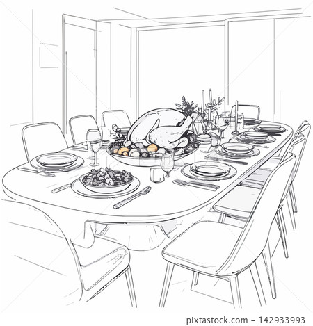 Thanksgiving dinner table setup with turkey feast Thanksgiving dinner table setup with turkey feast 142933993