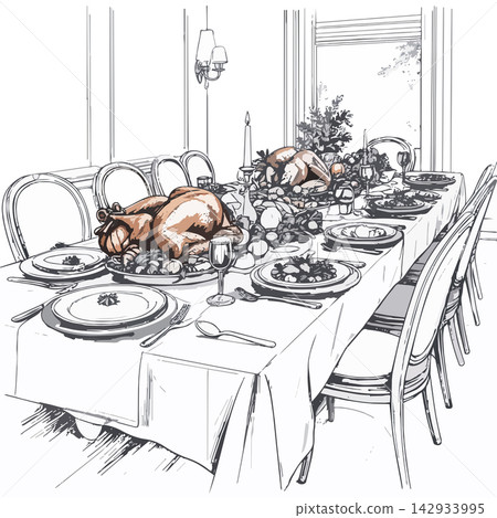 Thanksgiving dinner table set with roasted turkeys 142933995