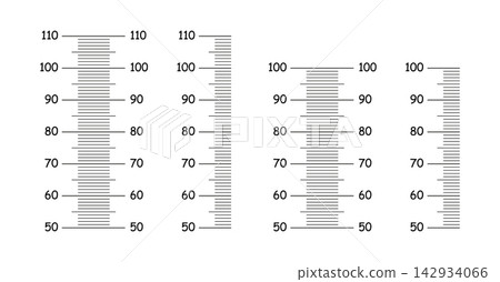 Set of Height charts flat layouts from 50 to 100, 110 centimeters. Growth wall sticker icons. Meter wall, growth simple black rulers. 142934066