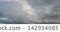 Panoramic view of dramatic gray storm clouds with patches of blue sky 142934085