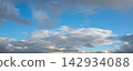 Panoramic view of dramatic gray storm clouds with patches of blue sky 142934088