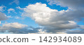 Panoramic view of dramatic gray storm clouds with patches of blue sky 142934089