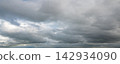 Panoramic view of dramatic gray storm clouds with patches of blue sky 142934090