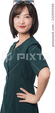 Confident modern young asian woman standing with hand on hip representing artificial intelligence chatbot developer smiling warmly against transparency background studio setup Confident modern young asian woman standing with hand on hip representing artificial intelligence chatbot developer smiling warmly against transparency background studio setup 142934389