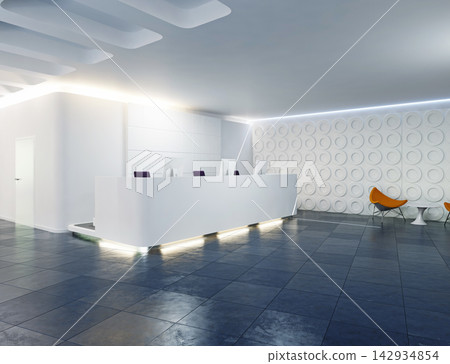 3D render of a modern corporate reception area featuring a white curved desk, dark tiled floor, and an orange chair. 3D render of a modern corporate reception area featuring a white curved desk, dark tiled floor, and an orange chair. 142934854