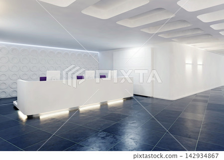 3D render of a modern, empty reception area featuring a long white desk, computers, patterned walls, and dark tile floor. 3D render of a modern, empty reception area featuring a long white desk, computers, patterned walls, and dark tile floor. 142934867