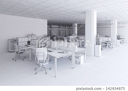 3D wireframe illustration of a spacious open-plan office interior featuring multiple desks, chairs, and computers. 3D wireframe illustration of a spacious open-plan office interior featuring multiple desks, chairs, and computers. 142934875