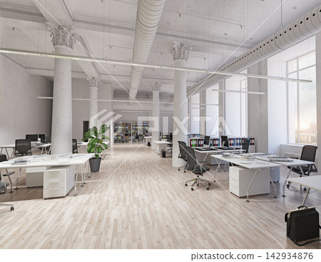 3D render of a spacious modern open-plan office interior featuring white desks, black chairs, columns, and wood floors. 142934876