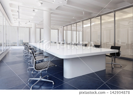 3D render of a modern conference room with a large white table, black chairs, glass walls, and dark tiled flooring. 3D render of a modern conference room with a large white table, black chairs, glass walls, and dark tiled flooring. 142934878