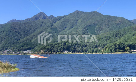山梨縣河口湖美麗的湖畔景色,湛藍的天空和鬱鬱蔥蔥的青山。 山梨縣河口湖美麗的湖畔景色,湛藍的天空和鬱鬱蔥蔥的青山。 142935581