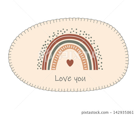Cute oval shape frame with stylized decorative stitches, with rainbow and Love you message. Sewed textile patch decoration detail, vector isolated illustration. Cute oval shape frame with stylized decorative stitches, with rainbow and Love you message. Sewed textile patch decoration detail, vector isolated illustration. 142935861