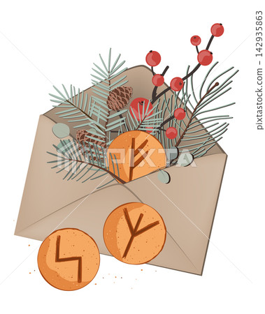 Christmas composition of winter branches and Fehu, Sowilo, and Algiz rune cookie in an envelope. Happy Holidays wishes. Vector isolated illustration Christmas composition of winter branches and Fehu, Sowilo, and Algiz rune cookie in an envelope. Happy Holidays wishes. Vector isolated illustration 142935863