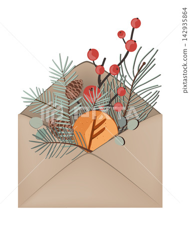 Christmas composition of winter branches and Fehu rune cookie in an envelope. Happy Holidays wishes. Vector isolated illustration. Christmas composition of winter branches and Fehu rune cookie in an envelope. Happy Holidays wishes. Vector isolated illustration. 142935864