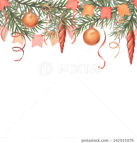 Seamless border in retro style. Spruce branches decorated with glass baubles, twisted icicles, curling ribbon, bunting flags garland. Hand-drawn watercolor illustration, isolated on white background Seamless border in retro style. Spruce branches decorated with glass baubles, twisted icicles, curling ribbon, bunting flags garland. Hand-drawn watercolor illustration, isolated on white background 142935876
