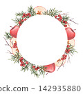 Christmas round frame with spruce branches, whole red apples, apple slices, rowan berries. Hand-drawn watercolor illustration. Perfect for New Year cards, seasonal cafe menus, holiday banners, labels 142935880