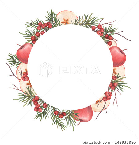 Christmas round frame with spruce branches, whole red apples, apple slices, rowan berries. Hand-drawn watercolor illustration. Perfect for New Year cards, seasonal cafe menus, holiday banners, labels Christmas round frame with spruce branches, whole red apples, apple slices, rowan berries. Hand-drawn watercolor illustration. Perfect for New Year cards, seasonal cafe menus, holiday banners, labels 142935880