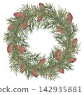 Fluffy Christmas wreath with dense spruce branches and cones. Round frame with space for text. Hand-drawn watercolor illustration isolated on white background. Ideal for holiday winter cards, posters 142935881