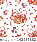 Seamless pattern with traditional sushki (bagel), poppy seeds, rowan berries, and big red ribbon on a white background. Watercolor illustration. Ideal for design of textile, wrapping paper, wallpaper 142935882