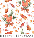 Christmas seamless pattern with lollipop horses, candies, walnuts, fir branches. Watercolor illustration, isolated on white background. Perfect for wrapping paper, textile fabric, holiday decoration 142935883
