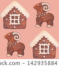 Seamless pattern with gingerbread houses, ram cookies, decorated with white icing. Watercolor illustration, isolated on pink background. Perfect for wrapping paper, textile fabric, wallpaper, menu. 142935884