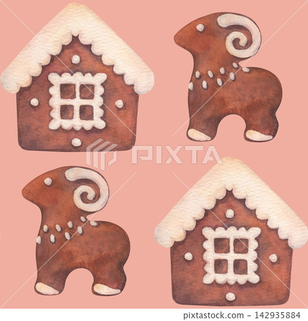 Seamless pattern with gingerbread houses, ram cookies, decorated with white icing. Watercolor illustration, isolated on pink background. Perfect for wrapping paper, textile fabric, wallpaper, menu. Seamless pattern with gingerbread houses, ram cookies, decorated with white icing. Watercolor illustration, isolated on pink background. Perfect for wrapping paper, textile fabric, wallpaper, menu. 142935884