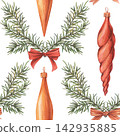 Seamless pattern with spruce sprigs, bows, and icicles. Classical Christmas tree ornaments. Hand-draw watercolor illustration isolated on a white background. Ideal for wrapping paper, kitchen textile 142935885