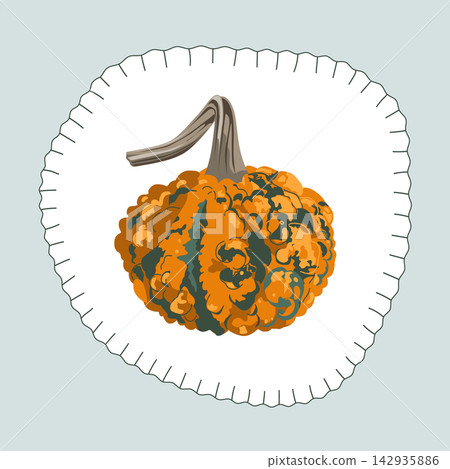 Cute oval shape frame with stylized decorative stitches and doodle warty pumpkin. Sewed textile patch decoration detail, vector isolated illustration. 142935886