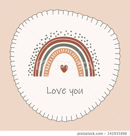 Cute oval shape frame with stylized decorative stitches, with rainbow and Love you message. Sewed textile patch decoration detail, vector isolated illustration Cute oval shape frame with stylized decorative stitches, with rainbow and Love you message. Sewed textile patch decoration detail, vector isolated illustration 142935898