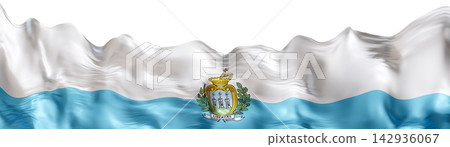 Flag of San Marino is shown on a plain background. The design includes blue and white colors, featuring the coat of arms at the center. This flag is known worldwide Flag of San Marino is shown on a plain background. The design includes blue and white colors, featuring the coat of arms at the center. This flag is known worldwide 142936067