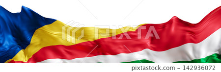 The flag of Seychelles is prominently displayed on a plain background. The colors of the flag stand out clearly, showing its design. This image captures the national emblem of Seychelles The flag of Seychelles is prominently displayed on a plain background. The colors of the flag stand out clearly, showing its design. This image captures the national emblem of Seychelles 142936072