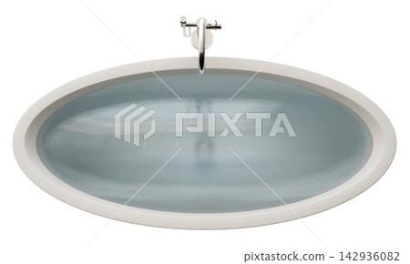 The bathtub is viewed from the top on a clear background. It shows a smooth surface and simple oval shape. The faucet is seen above the bathtub The bathtub is viewed from the top on a clear background. It shows a smooth surface and simple oval shape. The faucet is seen above the bathtub 142936082